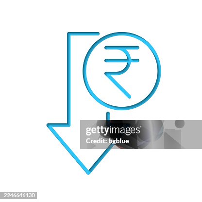 Indian rupee decrease. Icon cut out on white paper with blue background Indian rupee decrease. Icon cut out on white paper with blue background