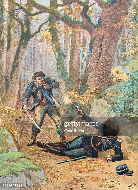 a gendarme confronts a cornered poacher in a violent forest struggle - national gendarmerie stock illustrations