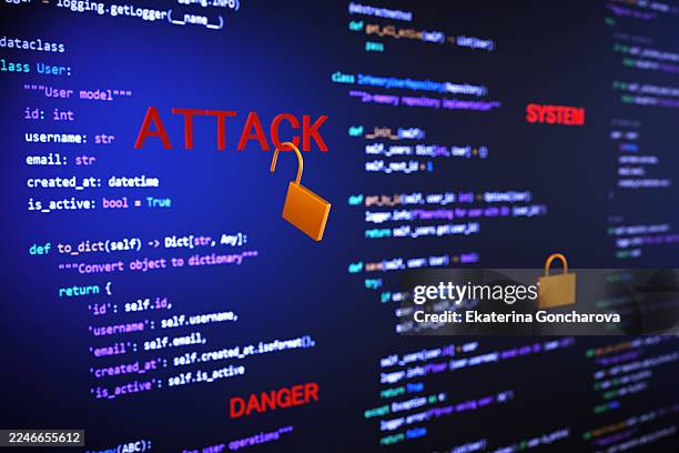 cyber attack alert: hacker code on screen with locks and danger labels in a security scene - computer lockout stock pictures, royalty-free photos & images