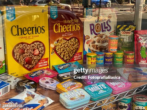 American snack food for sale at store window American snack food for sale at store window