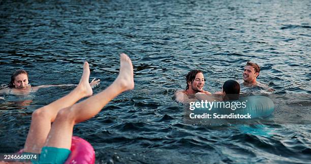 swimming, relax and travel with friends in lake for summer vacation, adventure and weekend break. explore, party and holiday with group of people outdoor in river for celebration, floating and nature - swimmer stock pictures, royalty-free photos & images