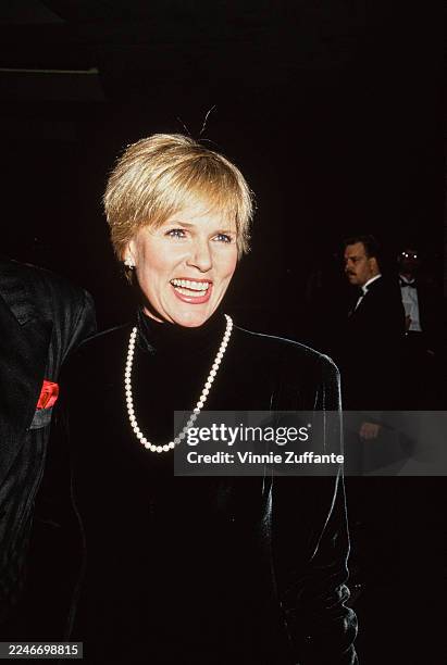 American actress Sharon Gless, wearing a black outfit with a beaded white necklace, attends the 19th American Film Institute Life Achievement Award...