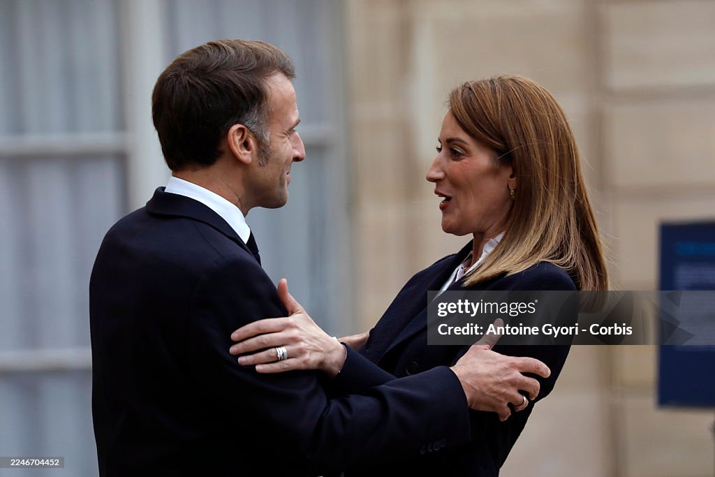 President Macron Meets Roberta Metsola, President Of EU Parliament