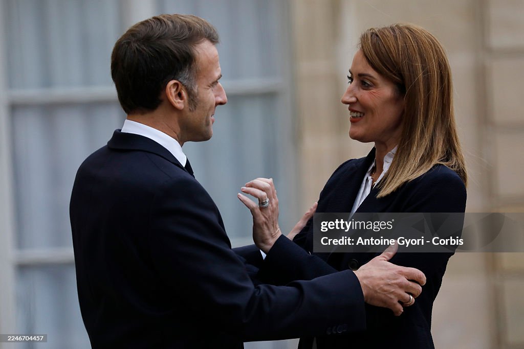 President Macron Meets Roberta Metsola, President Of EU Parliament