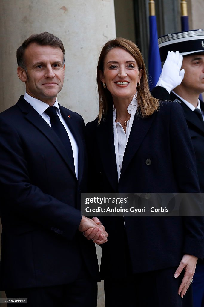President Macron Meets Roberta Metsola, President Of EU Parliament