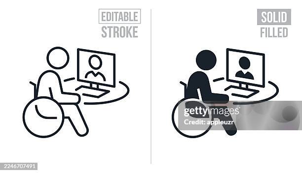 business person in wheelchair working from computer - editable stroke and solid icons - equal opportunity employer stock illustrations
