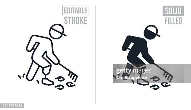 person with prosthetic leg raking leaves - editable stroke and solid icons - man doing yard work stock illustrations