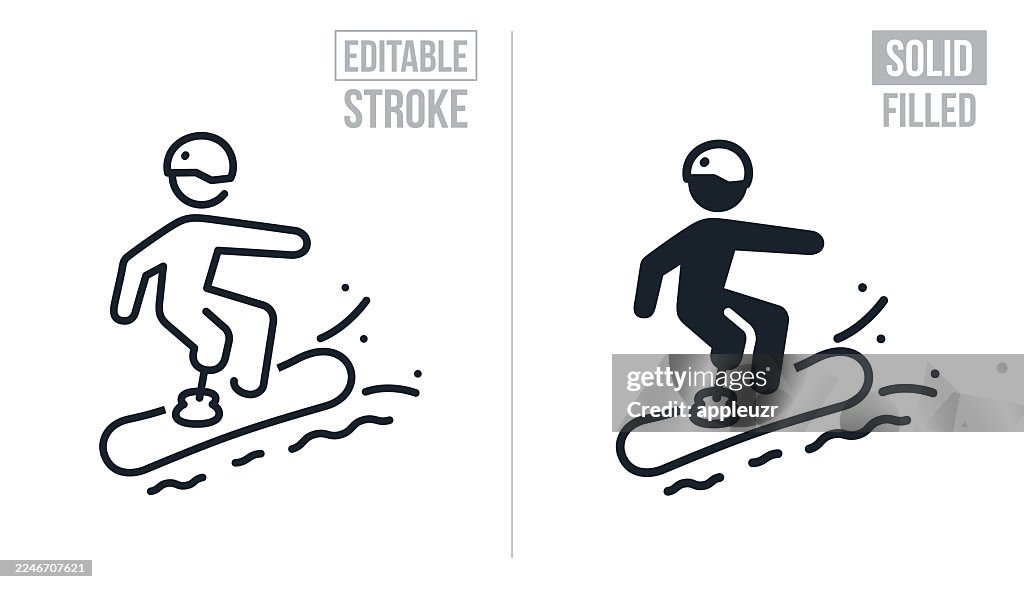 Snowboarder With Prosthetic Leg Snowboarding - Editable Stroke And Solid Icons