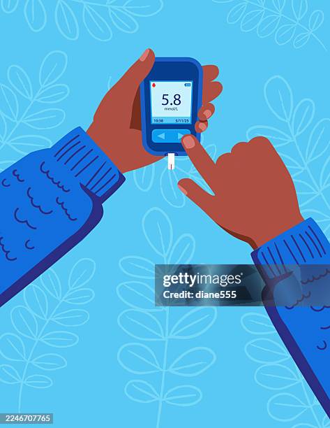 diabetes day banner with african american hands holding a glucose tester - blood sugar test stock illustrations