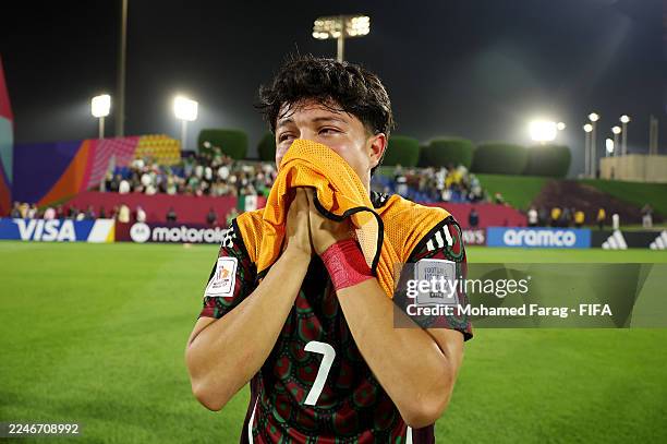 Luis Gamboa of Mexico reacts at full-time following the team's victory in the penalty-shoot-out in the FIFA Under-17 World Cup Round of 32 match...