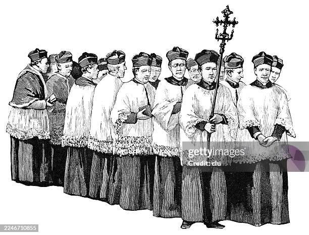 a clerical procession moving in quiet order — each face carrying its own small weight of ritual and duty - priest stock illustrations