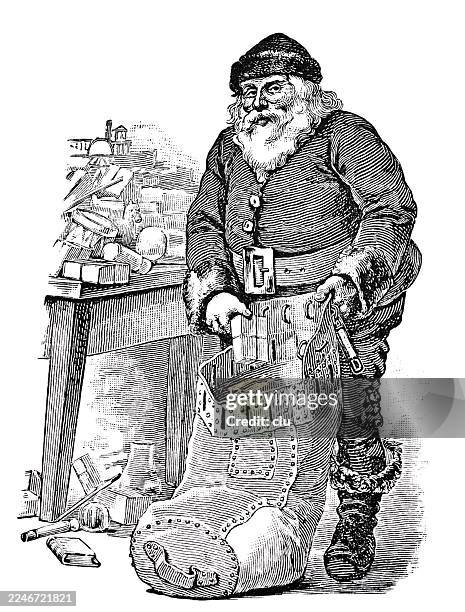santa filling a giant boot — a playful moment from early christmas imagination - santa workshop stock illustrations