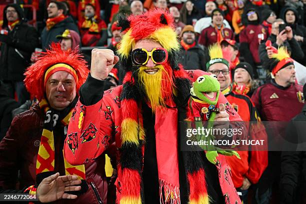 Belgian supporters cheer ahead of the FIFA World Cup 2026 Group J European qualification football match between Belgium and Liechtenstein at the...