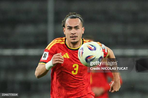 Belgium's defender Arthur Theate eyes the ball during the FIFA World Cup 2026 Group J European qualification football match between Belgium and...