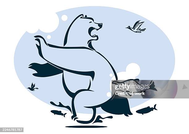 angry salmon fish attacking feared bear which running away - salmon jumping stock illustrations