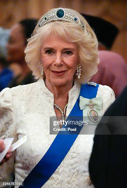 Queen Camilla arrives for the Diplomatic Corps reception at Windsor Castle on November 18, 2025 in Windsor, England.