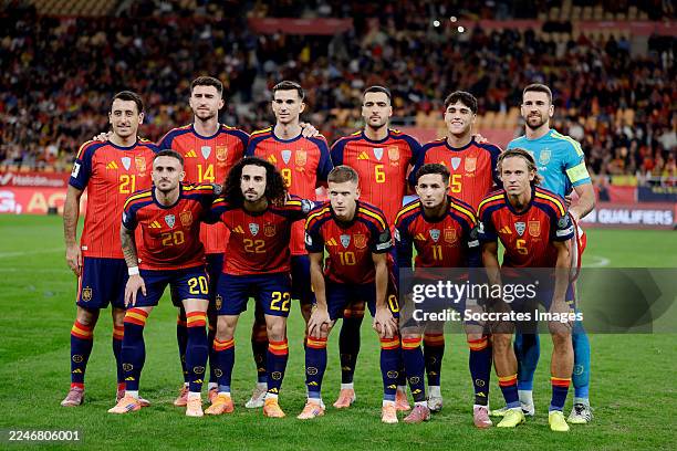 Teamphoto os Spain standing Mikel Oyarzabal of Spain, Aymeric Laporte of Spain, Fabian Ruiz of Spain, Mikel Merino of Spain, Pau Cubarsi of Spain,...