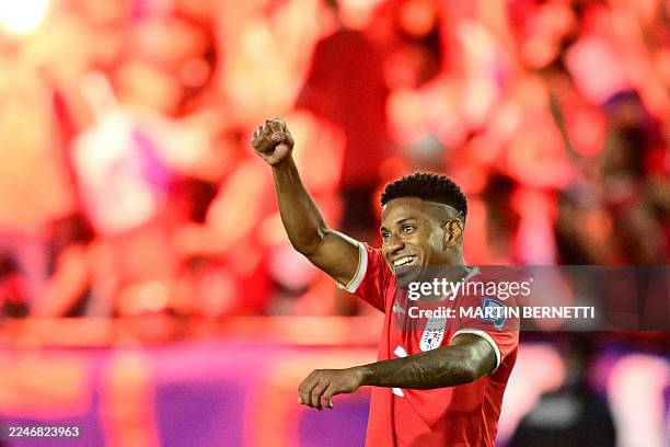 Panama's defender Cesar Blackman celebrates after scoring during the 2026 FIFA World Cup Concacaf qualifier football match between Panama and El...