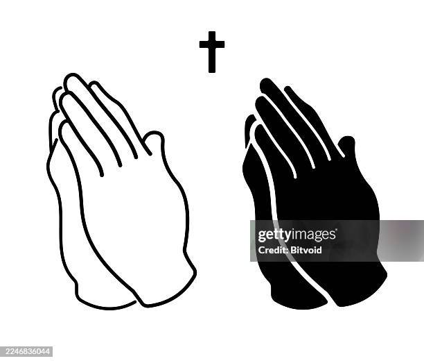 stockillustraties, clipart, cartoons en iconen met praying hands icon set with cross - black and white religious symbol illustration - smeken