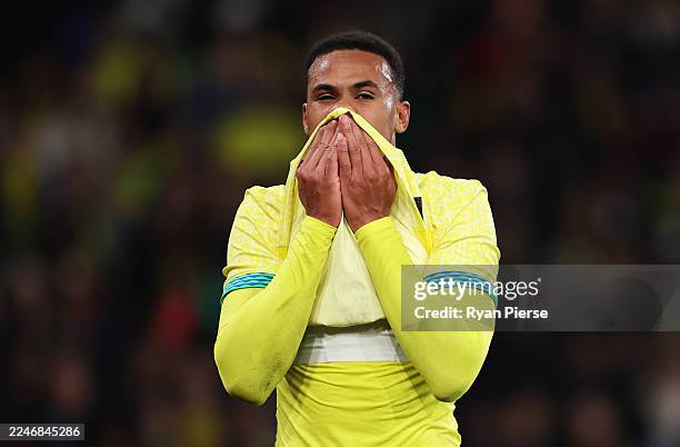 Gabriel Magalhaes of Brazil reacts as he is substituted after suffering an injury during the International Friendly between Brazil and Senegal at...