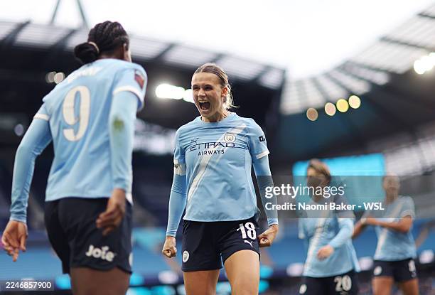 Kerstin Casparij of Manchester City celebrates after teammate Khadija Shaw scores the teams second goal during the Barclays Women's Super League...