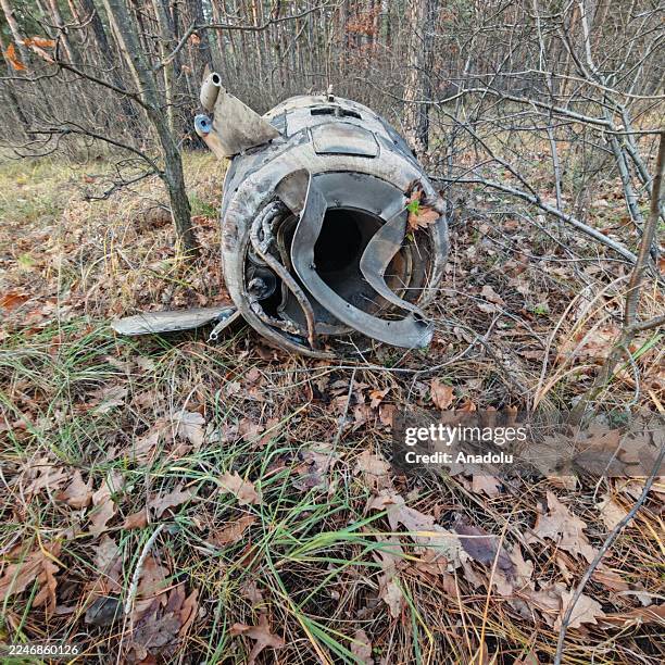 View of debris from US-made ATACMS missiles launched by Ukrainian forces and intercepted by Russian S-400 and Pantsir air defense systems in the city...
