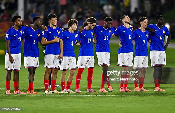 France players look dejected during the penalty shoot-out in the FIFA U-17 World Cup Qatar 2025 Round of 16 match between Brazil and France in Doha,...