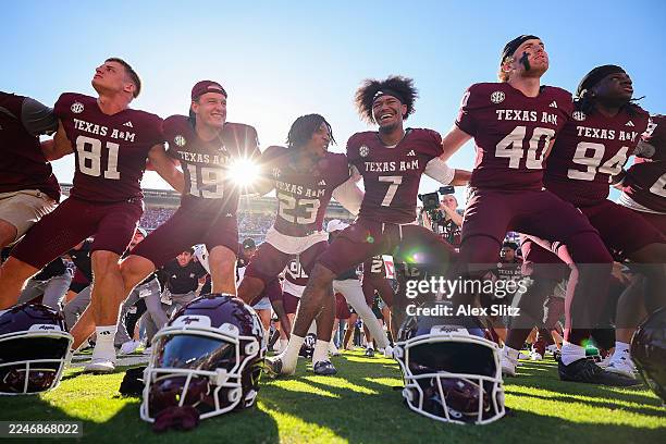 Texas A&M Aggies celebrate their 31-30 win over the South Carolina Gamecocks at Kyle Field on November 15, 2025 in College Station, Texas.
