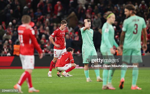 Andreas Christensen and Jannik Vestergaard of Denmark react after the FIFA World Cup 2026 qualifier match between Denmark and Belarus at Parken...