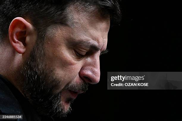 Ukraine's President Volodymyr Zelensky attends a joint press conference with Turkey's President following their meeting at the Presidential Complex...