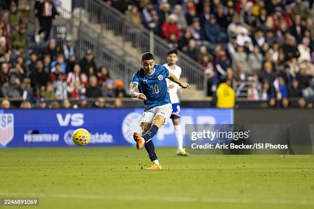 Miguel Almirón of Paraguay takes a shot on goal during the international friendly match between USA and Paraguay at Subaru Park on November 15, 2025...