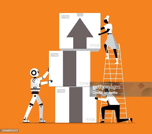 business people and robot - cooperation - digital trust cloud stock illustrations