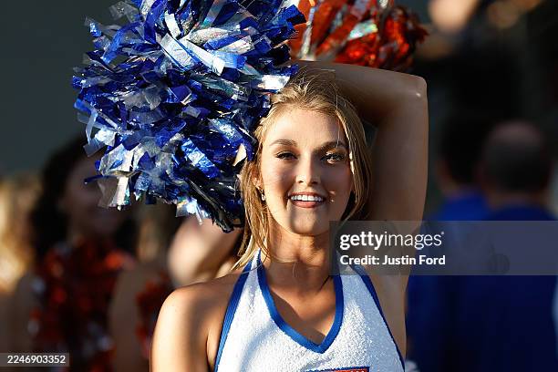 Florida Gators cheerleader performs before the game against the Mississippi Rebels at Vaught-Hemingway Stadium on November 15, 2025 in Oxford,...