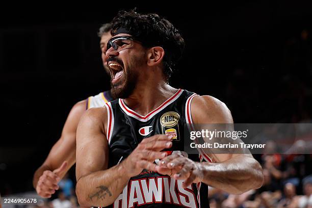 William Hickey of the Hawks reacts during the round nine NBL match between Illawarra Hawks and Sydney Kings at WIN Entertainment Centre, on November...