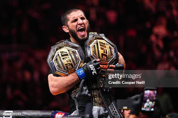Islam Makhachev of Russia reacts to his win over Jack Della Maddalena of Australia in the UFC welterweight championship fight during the UFC 322...