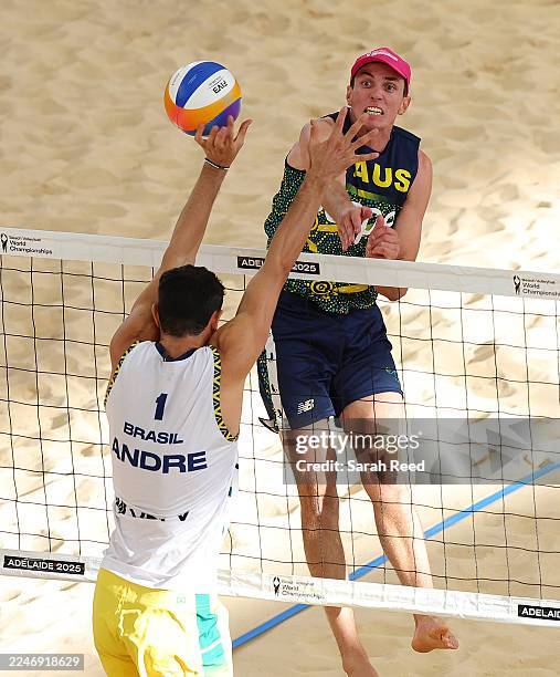 Australia's Paul Burnett in action on centre court against Andre Loyola Slein of Brazil during the 2025 Beach Volleyball World Championships at The...