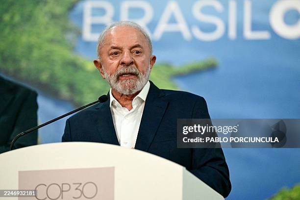 Brazil's President Luiz Inacio Lula da Silva speaks during a press conference at the COP30 UN Climate Change Conference in Belem, Para state, Brazil,...