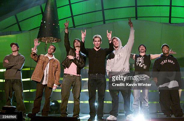 Mark McGrath, center, lead singer for Sugar Ray, rap artist, Sisqo, far right, and The Backstreet Boyz salute the audience during rehersals at the...