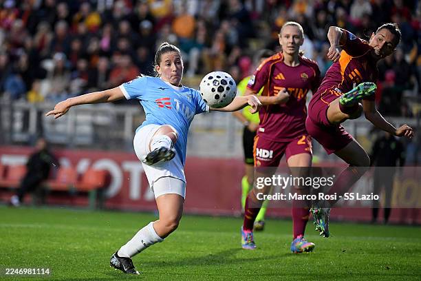 Lucy Ashworth-Clifford of Lazio women competes for the ball with Lucia Di Guglielmo of AS Roma women during the Seria A match between AS Roma women...