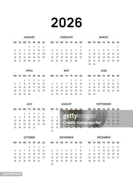 12 month calendar for 2026, monday start - white background - opening day vector stock illustrations