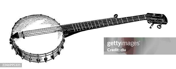 ilustrações de stock, clip art, desenhos animados e ícones de vintage banjo — the taut drum head and long neck hint at the bright, percussive voice waiting to be played - instrumento-de-corda