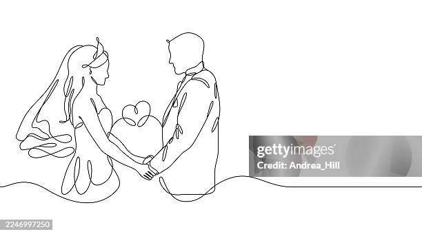 wedding bride and groom single line drawing style with editable stroke and copy space - bride and groom stock illustrations