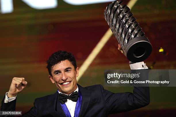Marc Marquez of Spain riding the Lenovo Ducati and 2025 MotoGP World Champion at the MotoGP awards ceremony following the MotoGP of Valencia race at...