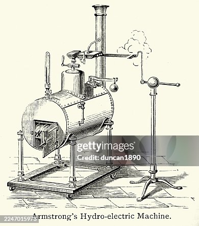 History, Engineering, Armstrong's hydroelectric machine, a device invented by William Armstrong around 1840 that generated frictional electricity using steam and water jets, Vintage illustration, 19th Century, Victorian History, Engineering, Armstrong's hydroelectric machine, a device invented by William Armstrong around 1840 that generated frictional electricity using steam and water jets, Vintage illustration, 19th Century, Victorian