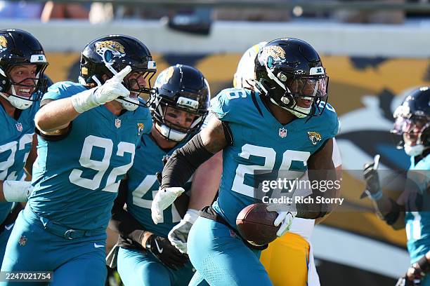 Antonio Johnson of the Jacksonville Jaguars reacts after an interception during the fourth quarter against the Los Angeles Chargers at EverBank...