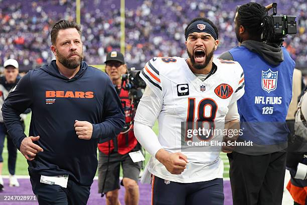 Caleb Williams of the Chicago Bears leaves the field after the Bears beat the Minnesota Vikings 19-17 on a field goal as time expired at U.S. Bank...