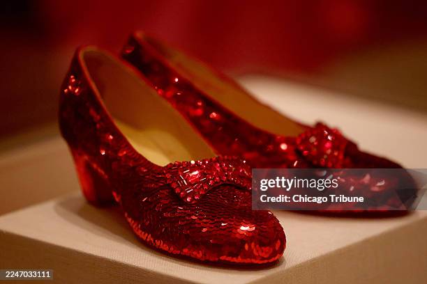 Replica of Dorothyâs Ruby Slippers leather sequins, bugle beads, and rhinestones, from the Richard H. Driehaus collection, on display at "The Land of...
