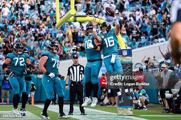 Trevor Lawrence of the Jacksonville Jaguars celebrates a touchdown during first quarter of an NFL football game against the Los Angeles Chargers at...