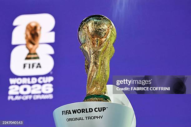 This photograph shows the 2026 FIFA World Cup trophy following the 2026 FIFA World Cup European Play-Off draw at the FIFA's Home of Football in...