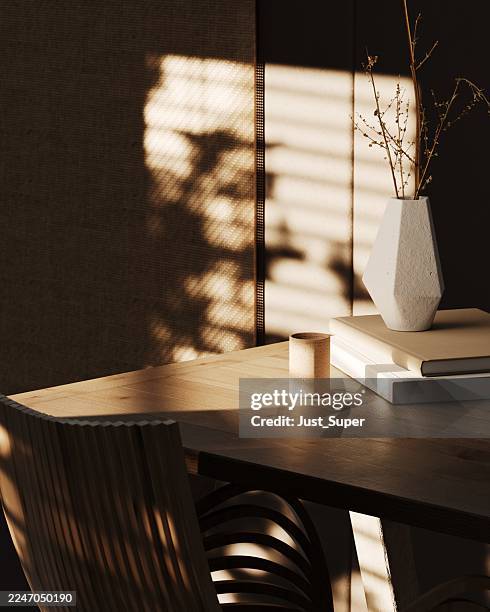japandi interior design, zeitgenössische ästhetik, die den minimalismus und die einfachheit des japanischen stils vereint - interior design stock-fotos und bilder